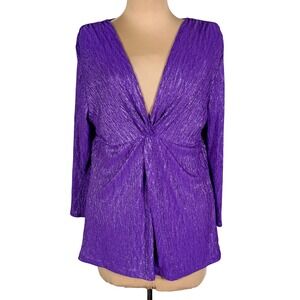 NY Collection Womens XL Purple Metallic Twist Front Long Sleeve V Neck Top Shirt